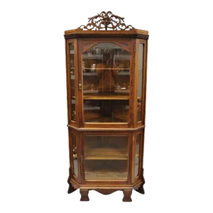 Late 19th Century Antique Oak Victorian Renaissance Glass Door Carved Curio Corner China Cabinet