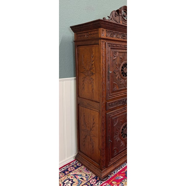 Antique French Breton Armoire Wardrobe Linen Cabinet Double Doors Drawer C. 1900 For Sale - Image 9 of 18