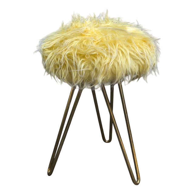 Three-Legged Stool with Brass Legs and Yellow Faux Fur, 1960s For Sale