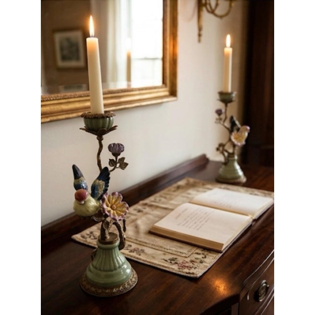 Pair of Vintage French-Style Porcelain and Ormolu Bird Candlesticks For Sale In West Palm - Image 6 of 11