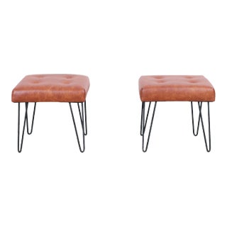 Mid-Century Modern Cognac Leather and Iron Harp Leg Stools, 1950s For Sale