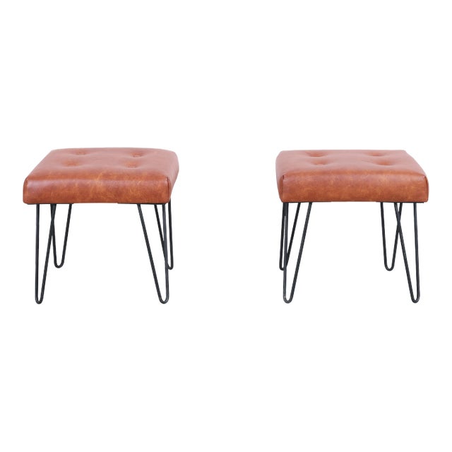 Mid-Century Modern Cognac Leather and Iron Harp Leg Stools, 1950s For Sale