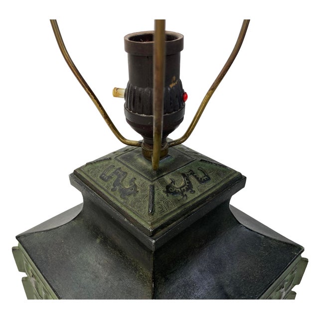 Verdigris Vintage Mid Century James Mont Chinese Archaic Style Verdigris Bronze Table Lamp For Sale - Image 8 of 8