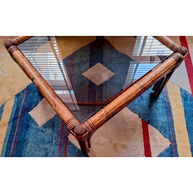 Wood Bamboo and Smoked Glass Coffee Table, 1960s For Sale - Image 7 of 8