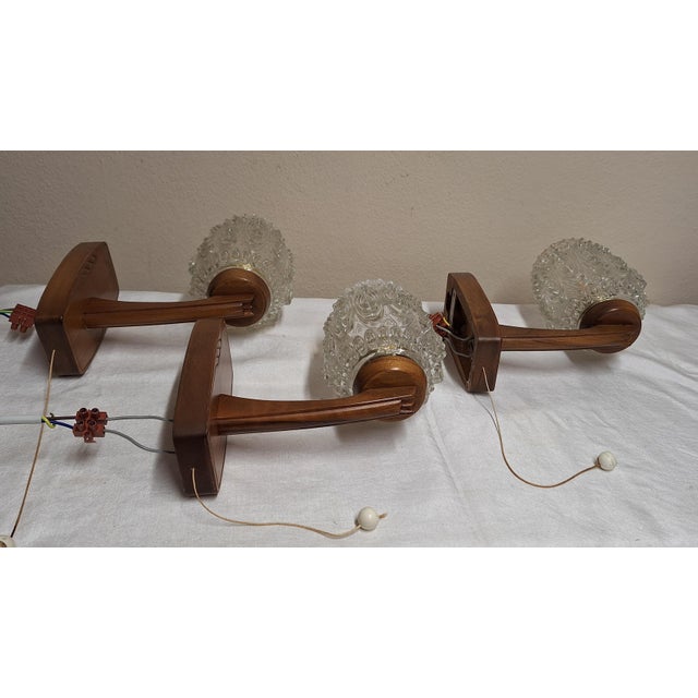 Wall Lamps with Brown Beech Frames and Clear Relief Glass Shades, 1970s, Set of 3 For Sale - Image 4 of 7