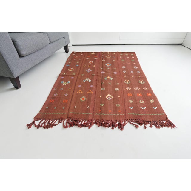 Turkish Mid 20th Century Handwoven Brown Tribal Rug With Colorful Motifs For Sale - Image 3 of 10