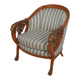 Lionhead Carved Arm Upholstered Neoclassical Chair For Sale