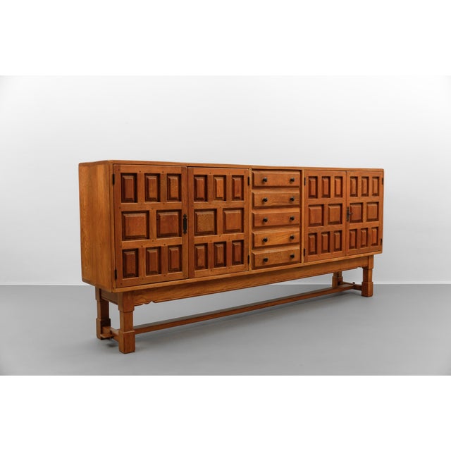 Large Brutalist Screwless Sideboard in Carved Oak, 1960s For Sale - Image 4 of 18
