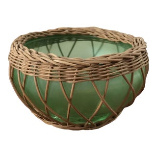 Mid 20th Century Vintage Green Glass and Wicker Rattan Bowl For Sale