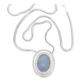 Late 20th Century Blue Chalcedony Cabochon Pendant on Snake Chain For Sale