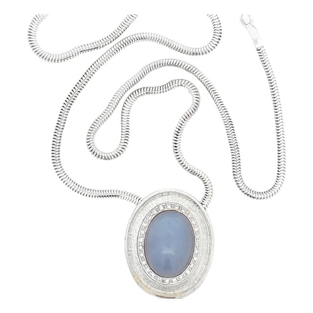 Late 20th Century Blue Chalcedony Cabochon Pendant on Snake Chain For Sale