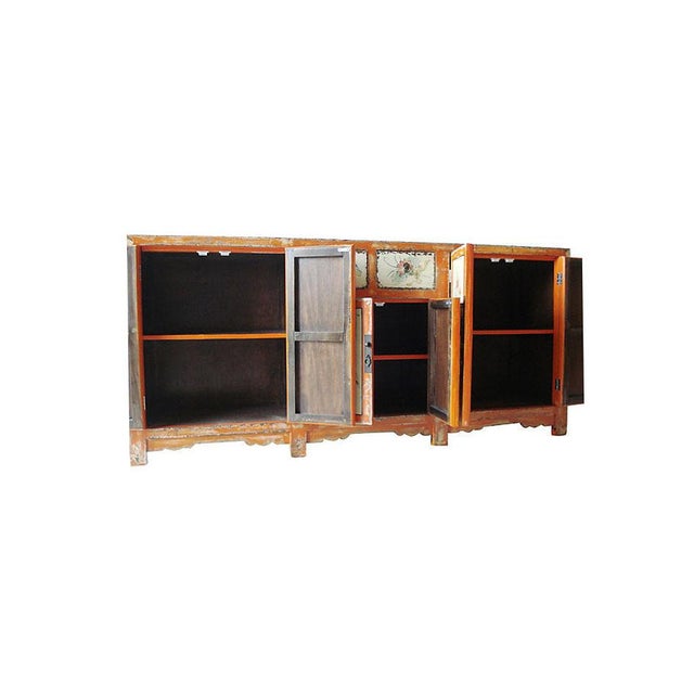 Vintage Mongolian Hand Painted Elm Wood Large Cabinet W/ Six Doors 77" W For Sale - Image 9 of 11