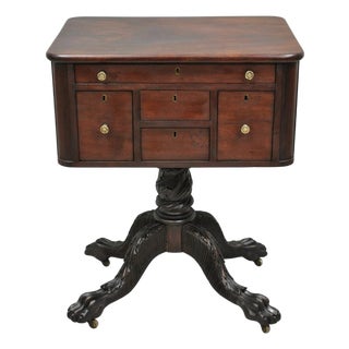 Antique American Empire Carved Paw Foot Pedestal Base Work Stand Side Table For Sale