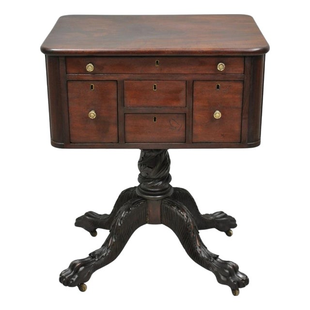 Antique American Empire Carved Paw Foot Pedestal Base Work Stand Side Table For Sale