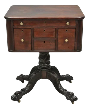 Antique American Empire Carved Paw Foot Pedestal Base Work Stand Side Table