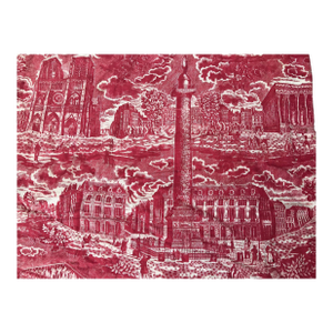19th Century French Toile De Jouy Red and White Textile, Monuments of Paris