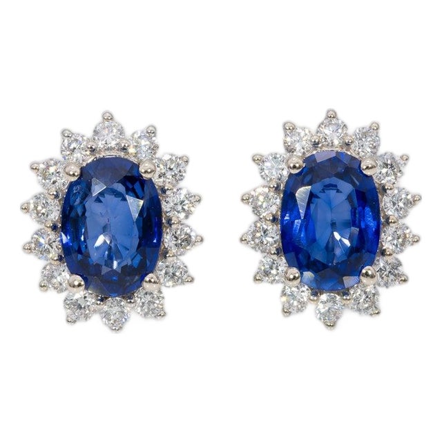 1.8Ct Ceylon Blue Sapphire Earrings With Diamond Accents: Solid 14k Gold, 7x5mm, Pair For Sale