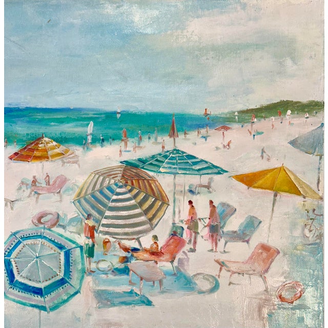 Original Beach Seascape Oil Painting – Colorful Umbrellas Coastal by Tailroy – 12" X 16" (Unstretched) For Sale - Image 4 of 4