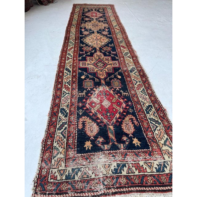 Village Life Antique Runner Indigo, Apricot, Sage, Women, Birds, Guard Dogs Rug 2.10 x 10.9 For Sale - Image 4 of 12