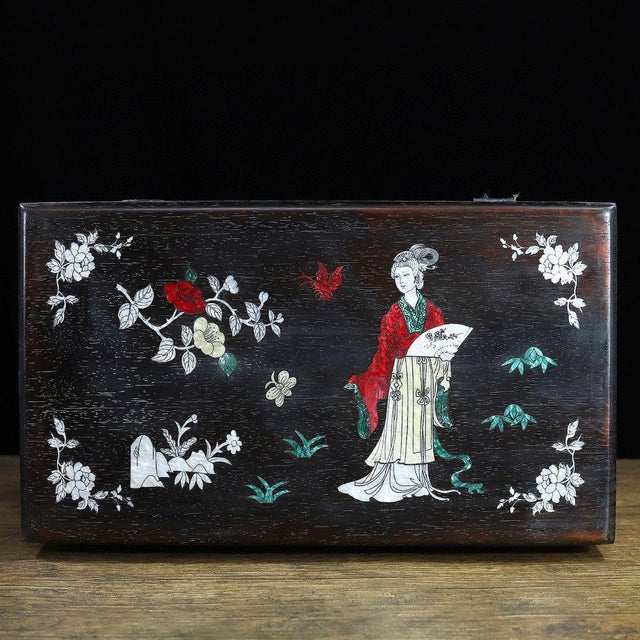 1990s Dark Hardwood Storage Chest, Mother of Pearl Shell Inlay Figural Scenes, Decorative Trunk For Sale - Image 5 of 9