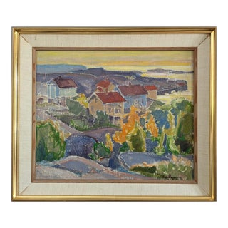1942 Mid-Century Modern "Neighbourhood Sunset" Swedish Vintage Expressionist Coastal Town Landscape Oil Painting, Framed For Sale