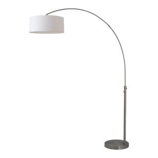 1960s Nova of California 92" Float Mid Century Floor Lamp - Modern Arc Lamp, White Linen Shade, Black Nickel Finish, Dimmable For Sale