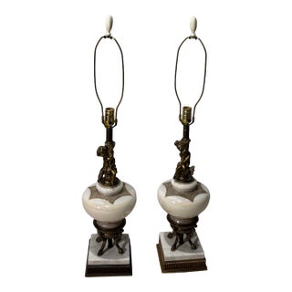 Mid 20th Century Neoclassical Style Table Lamps With Milk Glass Bodies, Brass Accents, and Marble Bases For Sale
