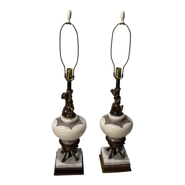 Mid 20th Century Neoclassical Style Table Lamps With Milk Glass Bodies, Brass Accents, and Marble Bases For Sale