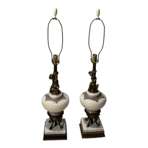 Mid 20th Century Neoclassical Style Table Lamps With Milk Glass Bodies, Brass Accents, and Marble Bases