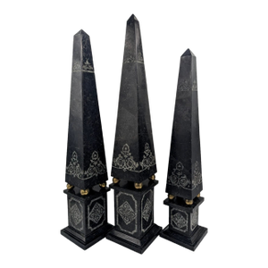 Set of 3 Black Tessellated Marble Obelisks by Maitland-Smith Neoclassical Tall