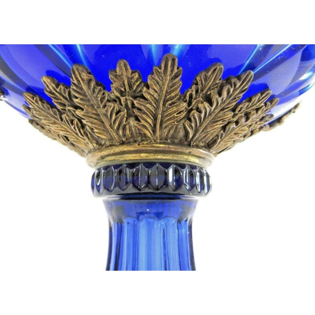 Pair Antique Cobalt Blue Glass Vases With Ornate Bronze Rim, Handles and Mount For Sale - Image 11 of 18