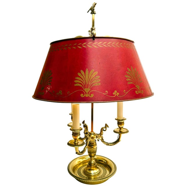 Neoclassical Mid 20th Century French Empire Style Three-Light Brass Bouillotte Lamp With Crimson Red Tole Shade For Sale - Image 3 of 8