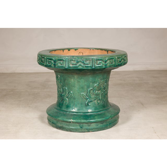 Chinese Vintage Green Glazed Ceramic Planter or Garden Seat Base with Foliage For Sale - Image 11 of 11