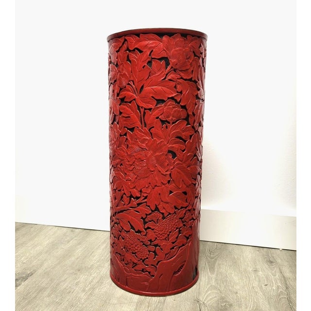 Carved Red Cinnabar-Style Lacquer Floor Vase or Umbrella Stand, Beijing Factory For Sale In Raleigh - Image 6 of 16