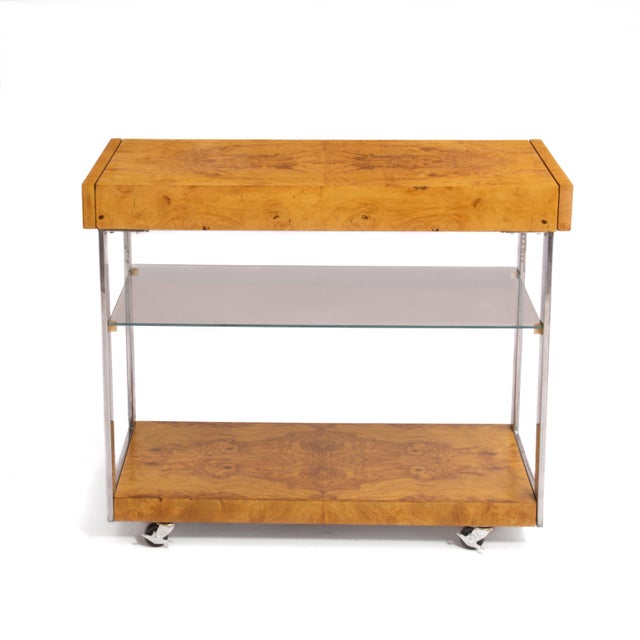 Sand Lane Olive Burl Bar Cart After Milo Baughman Roland Carter Mid Century For Sale - Image 8 of 18