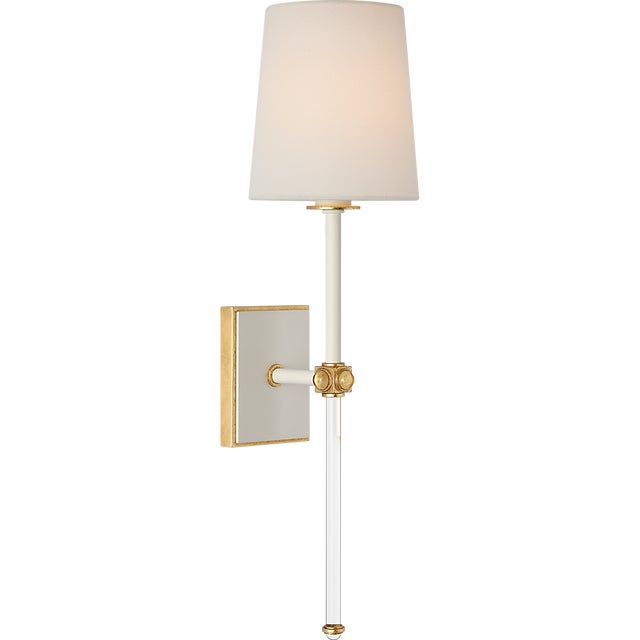 Metal Julie Neill for Visual Comfort Signature Lucia 21" Cordless Sconce in Matte White and Crystal with Linen Shade For Sale - Image 7 of 14
