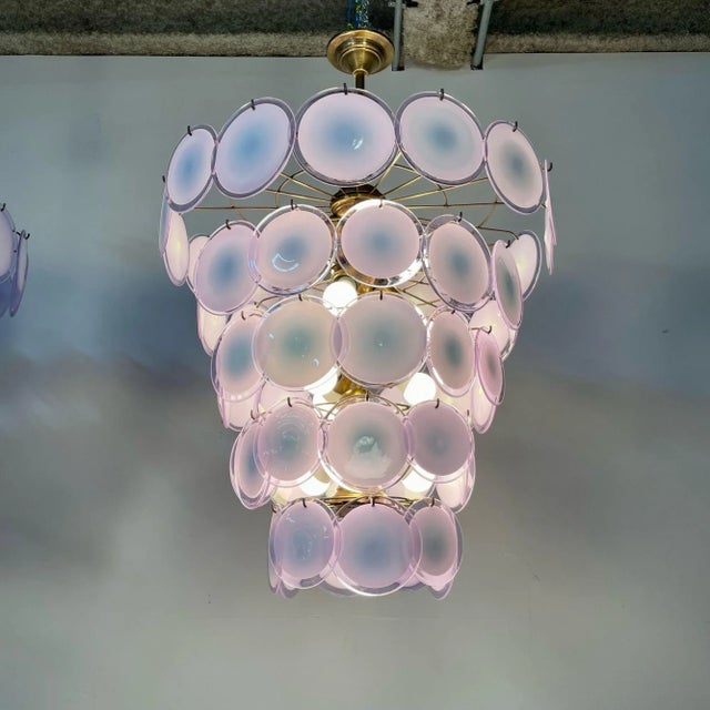 Pair Murano Disc Mid-Century Modern Tiered Chandelier, Antiqued Brass, New Wired For Sale In New York - Image 6 of 13