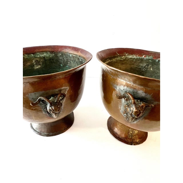 Rustic Pair of Copper and Mixed Metal late 19th Century Jardinieres with Ram Handles For Sale - Image 3 of 11