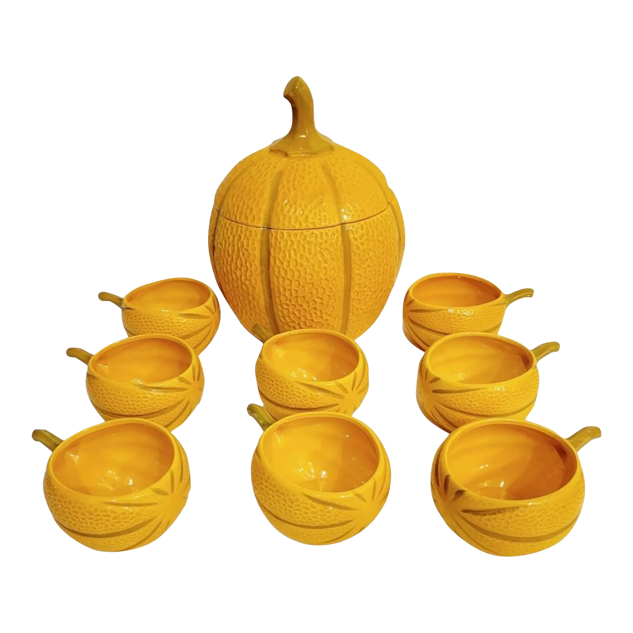 Vintage Ceramic Pumpkin Soup Tureen and Matching Small Bowls Set