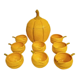 Vintage Ceramic Pumpkin Soup Tureen and Matching Small Bowls Set of 9