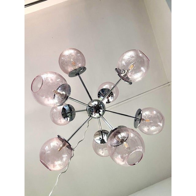 Contemporary Italian Chromed Sputnik Chandelier in Pink "Pulegoso" Murano Glass For Sale - Image 9 of 9