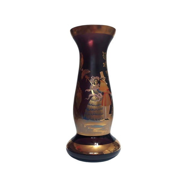 Glass Hand Painted Purple Glass Vase Regency Style Courting Couple Mantel Hearth Right Facing For Sale - Image 7 of 10