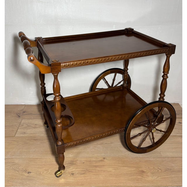 Brown Spanish Mid-Century Wooden Bar Cart with Turned Legs and Bottle Holder For Sale - Image 8 of 12