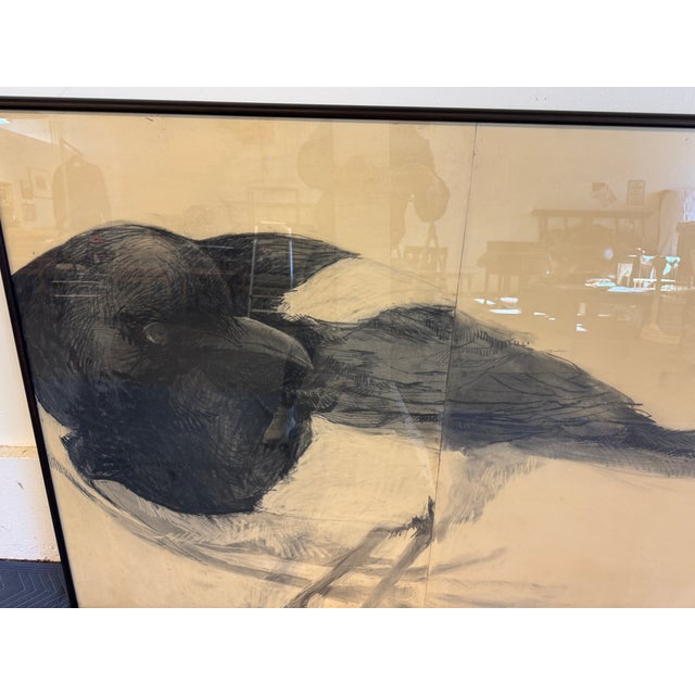 1960s 1961 Original Asian Screen Style Charcoal/Graphite Art, Magpie, by Lincoln, Framed For Sale - Image 5 of 10