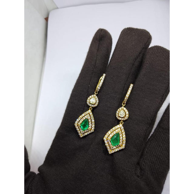 Metal New 18k Gold Diamond and Emerald Stud Earrings, 2.06ct Total Weight For Sale - Image 7 of 8