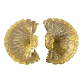 1950s Mid-Century Barovier & Toso Gold Fleck Scalloped Shell Bowls - a Pair For Sale
