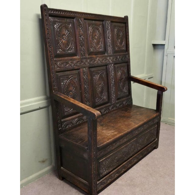 18th Century Carved High Back Oak Box Settle For Sale - Image 4 of 10
