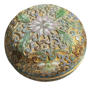 Vintage Chinese Cloisonné Enamel Bronze Lidded Trinket Box Flower
