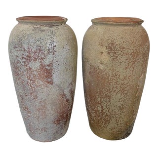 Pair of Monumental Antique Water Jars - Tall Crucible Form Olive Jars For Sale