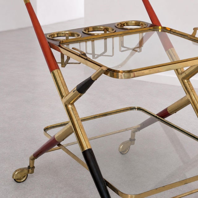 Brass Italian Mid Century Modern Trolley Bar Cart Brass Glass Attributed to Cesare Lacca, 1950s For Sale - Image 8 of 9